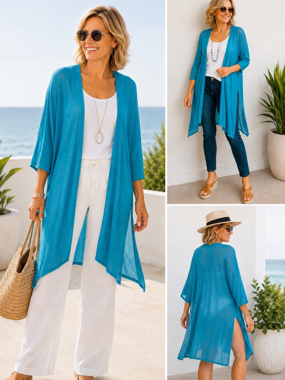 Chico’s Size 1 Turquoise Longline Sheer Open Front Cardigan Cover Up Coastal